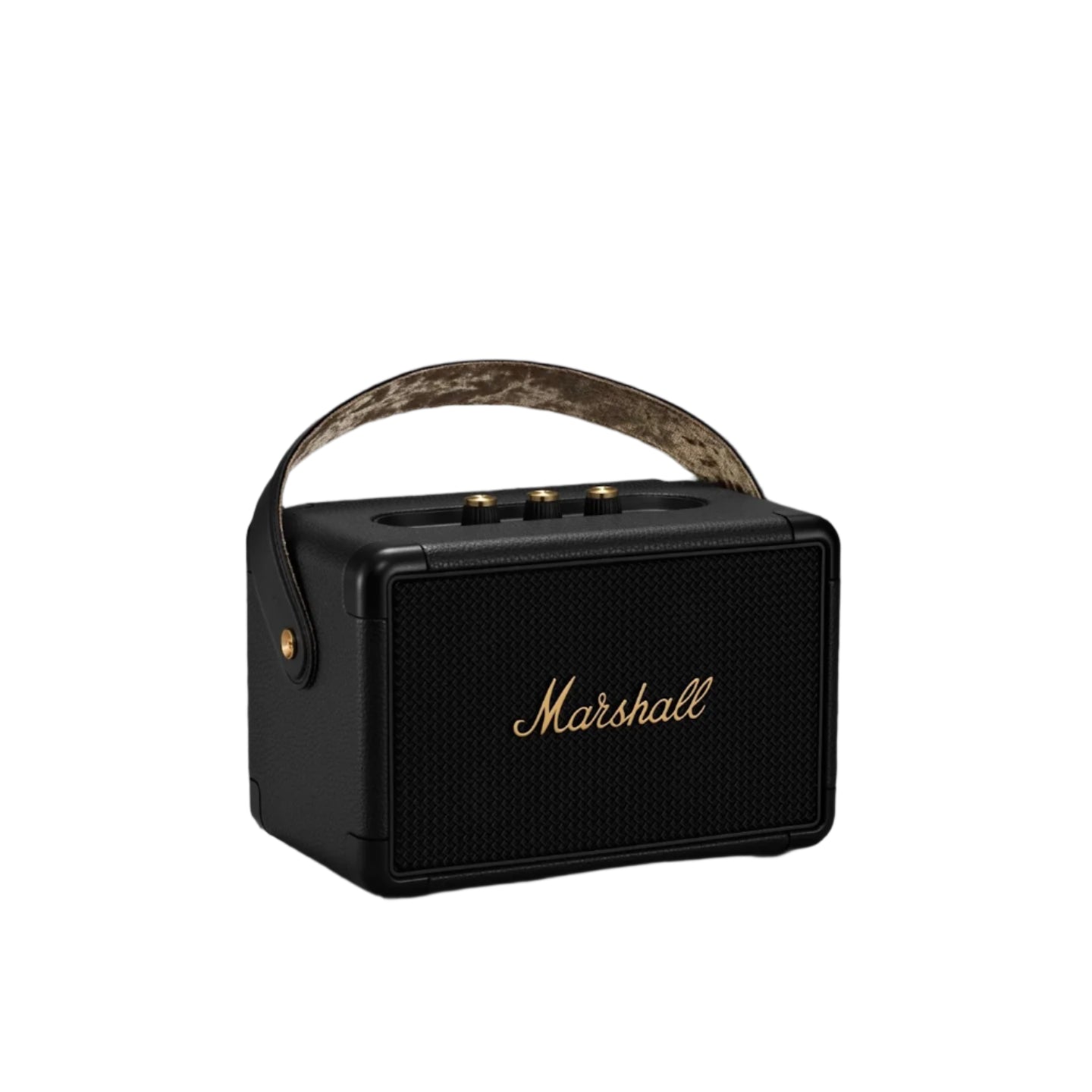 Black Marshall portable speaker with a handle on a white background