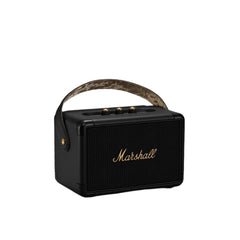 Black Marshall portable speaker with a handle on a white background