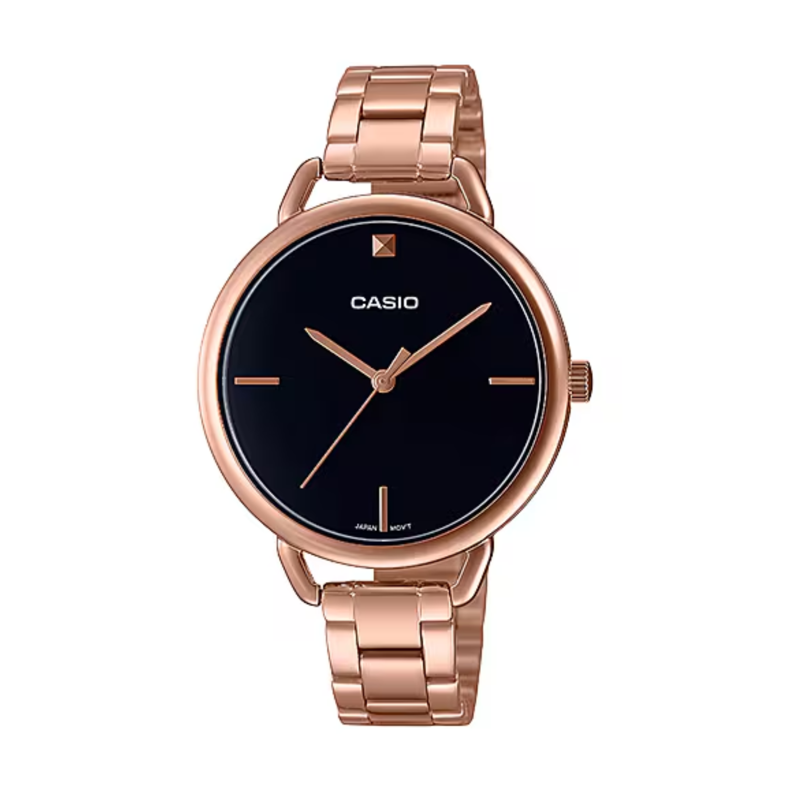 Casio watch with rose gold case and band on a white background