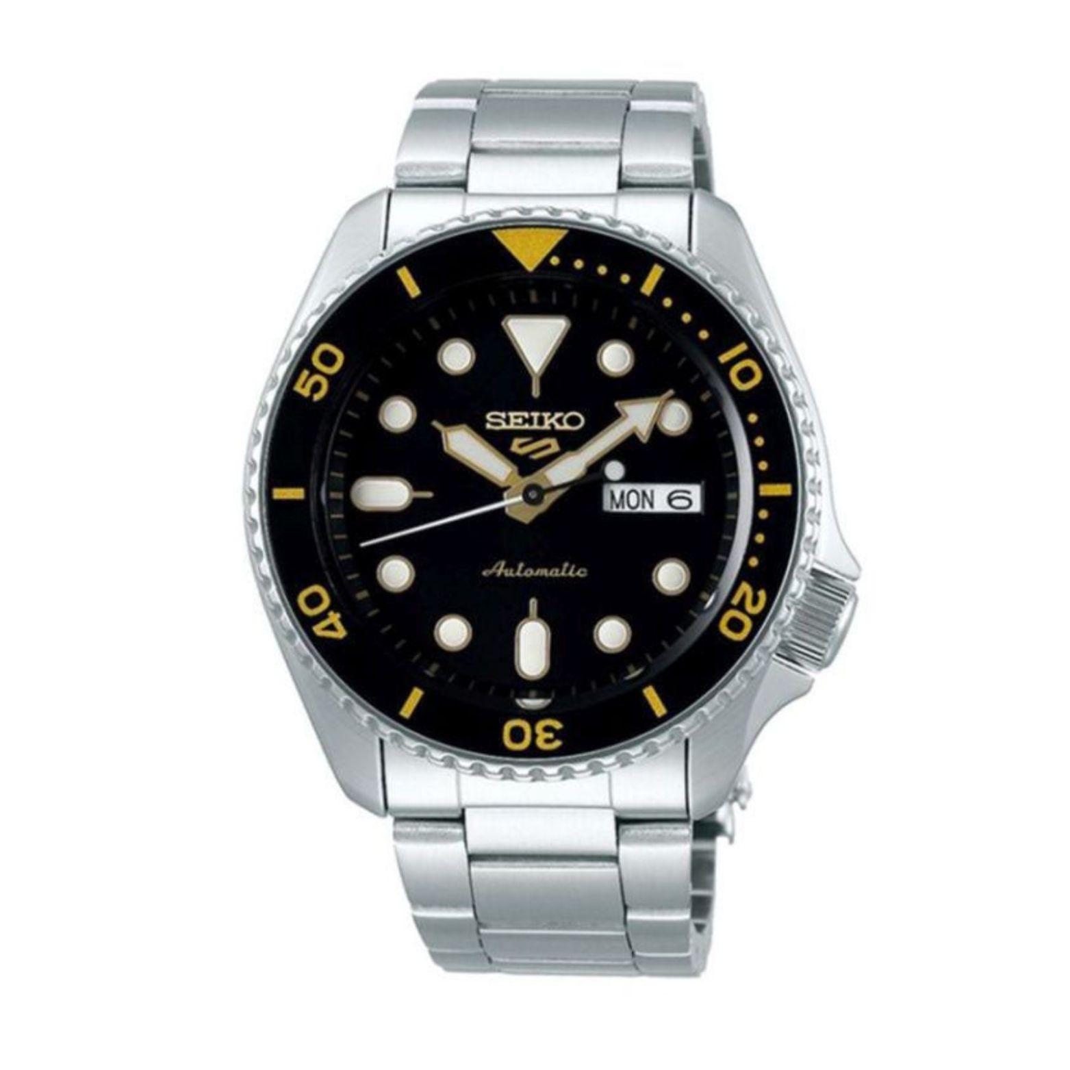 A Seiko SRPD57K1 watch with a black dial, silver-tone stainless steel bracelet, and luminous hands.