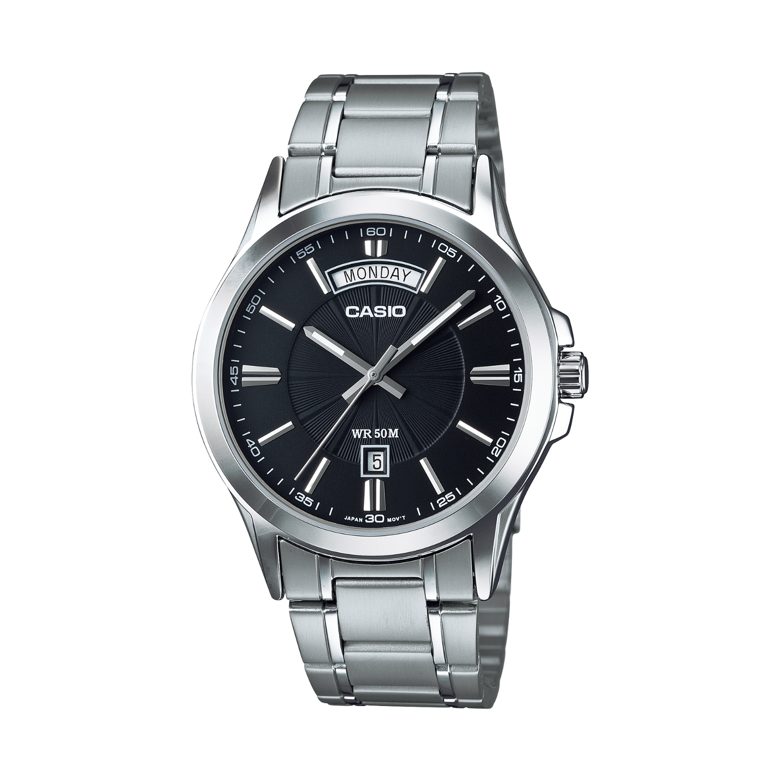 Casio watch with black dial and silver metal strap on a white background