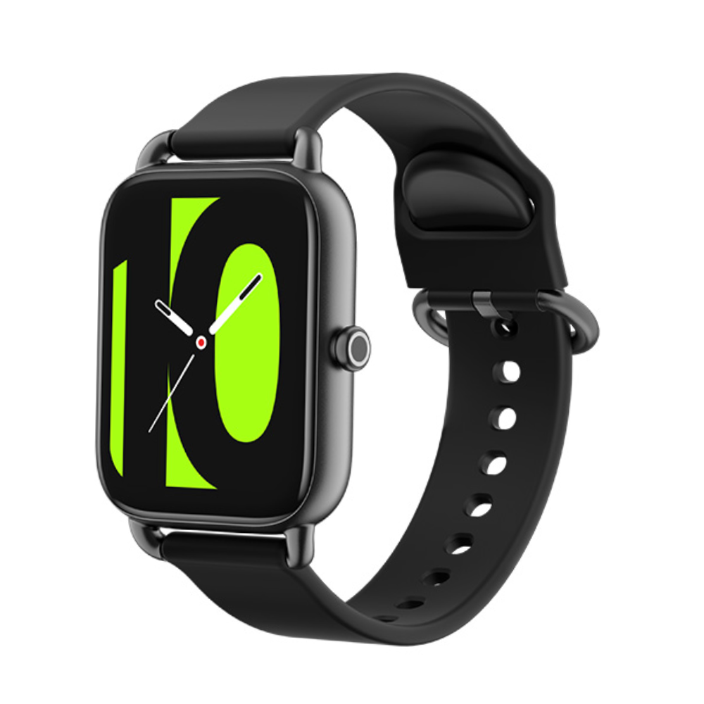 Smartwatch with black band and green display on a white background