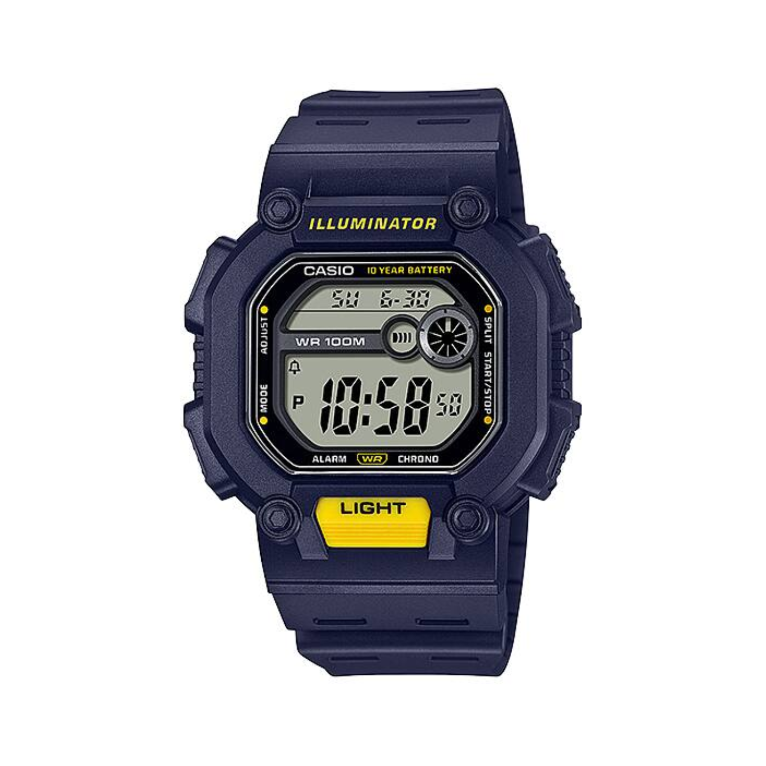 Casio digital watch with blue case and yellow accents