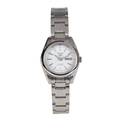 A Seiko 5 women's automatic watch with a white dial and silver stainless steel strap and case.