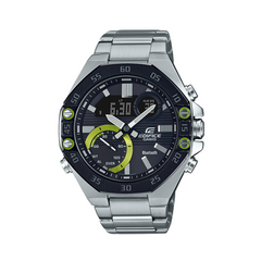 A Casio Edifice analog-digital watch with a stainless steel band and case, featuring a black dial with green accents, a stopwatch display, and a digital screen.
