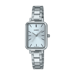Silver Casio watch on a white background
