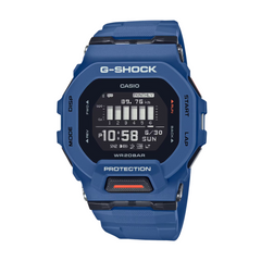 A blue CASIO G-SHOCK GBD-200-2DR digital watch with a resin band and a resin case, displaying time, date, and various watch features on its LCD screen.
