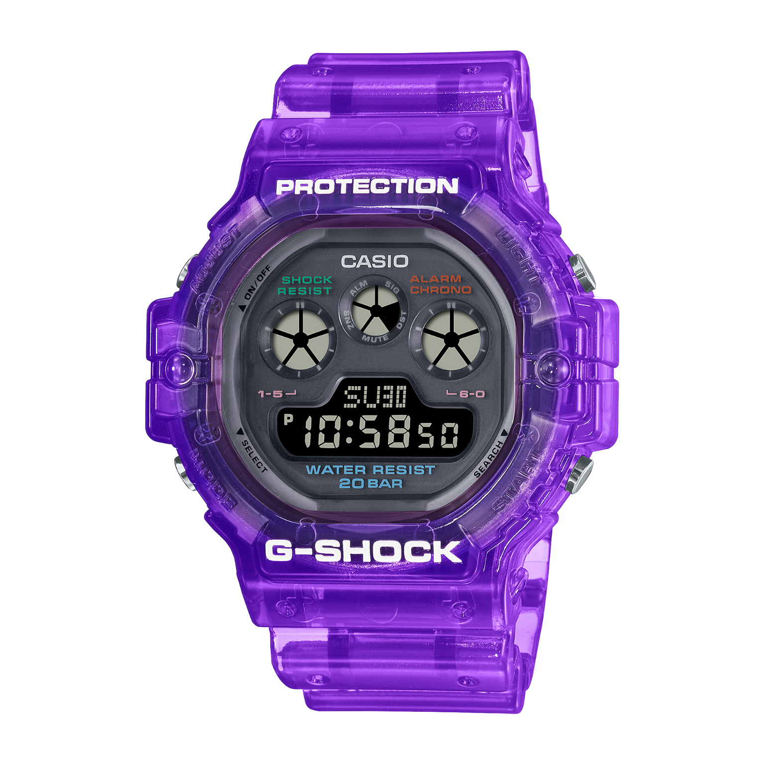 A purple CASIO G-SHOCK digital watch with resin band and bezel, displaying time and various watch features, mounted on a white background.
