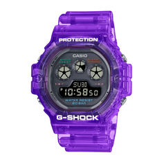 A purple CASIO G-SHOCK digital watch with resin band and bezel, displaying time and various watch features, mounted on a white background.