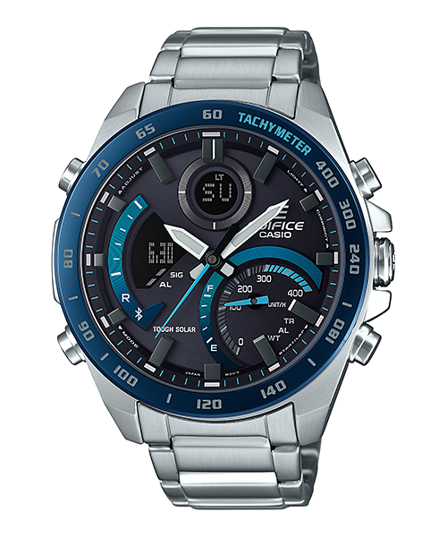 A Casio Edifice ECB-900DB-1BDR watch with a stainless steel band and case, featuring a digital display and analog hands, viewed from a frontal angle.
