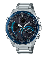 A Casio Edifice ECB-900DB-1BDR watch with a stainless steel band and case, featuring a digital display and analog hands, viewed from a frontal angle.