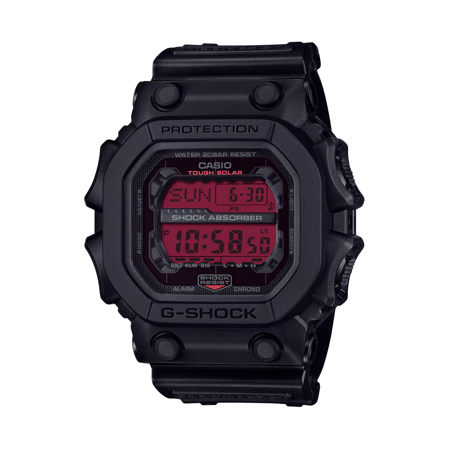 Black Casio G-Shock digital watch with red display on a white background