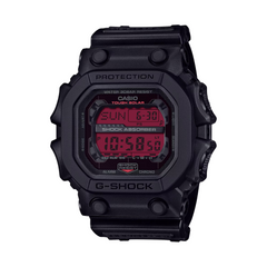 Black Casio G-Shock digital watch with red display on a white background