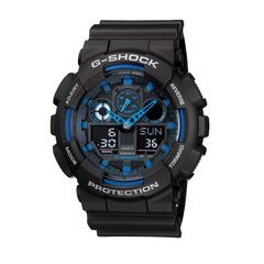 A black CASIO G-SHOCK analog-digital watch with blue accents on the dial and multiple watch features displayed.