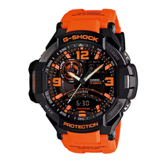 A Casio G-Shock GA-1000-4ADR watch with a black case, orange band, and digital display.