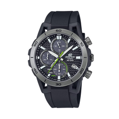 A black CASIO EDIFICE EQS-960PB-1AVUDF watch with a gray ion plated bezel, black band, and a digital display.