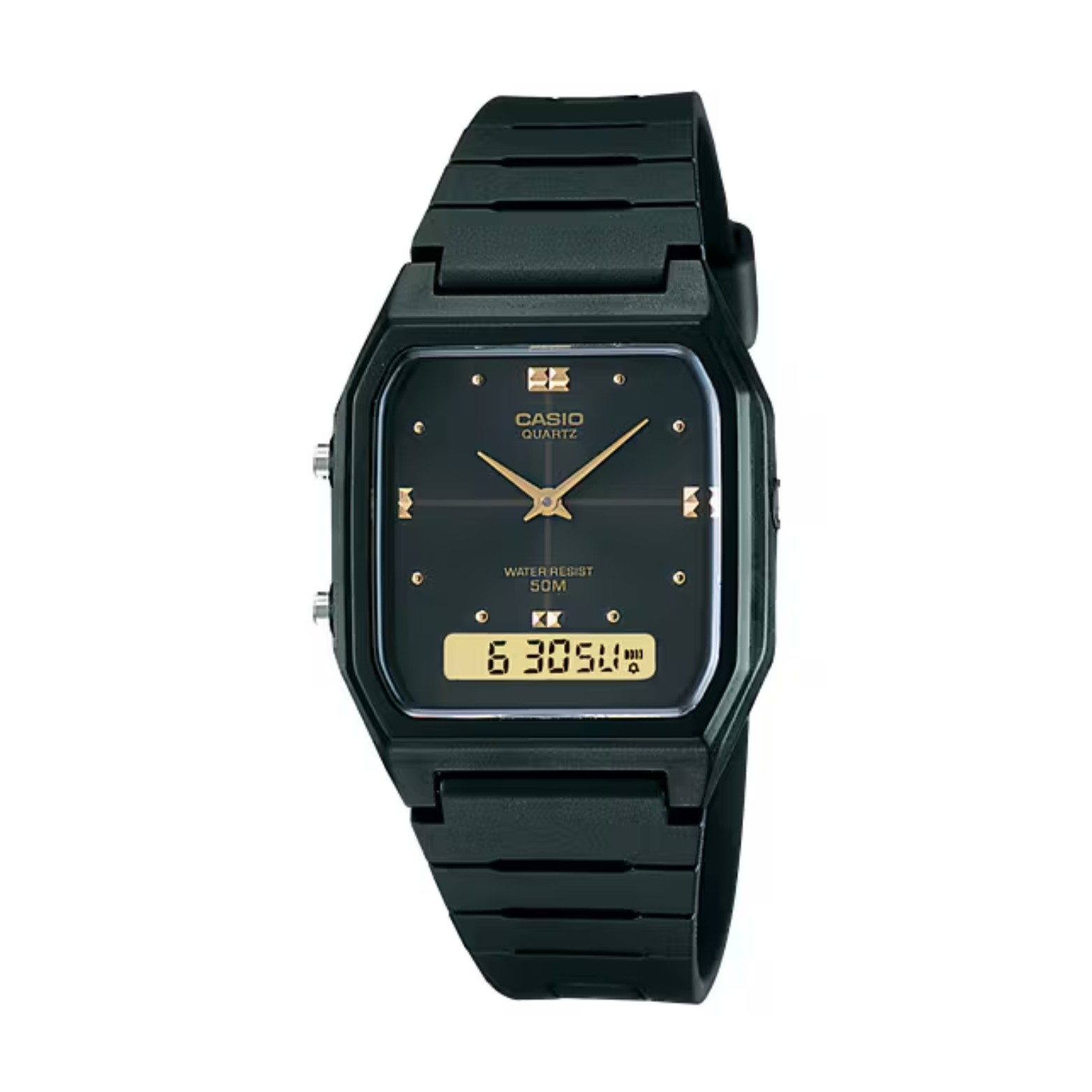 Black Casio watch with gold accents on a white background