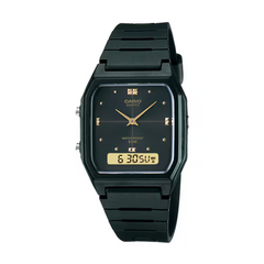Black Casio watch with gold accents on a white background