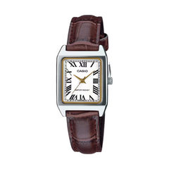 Casio watch with brown leather strap on a white background