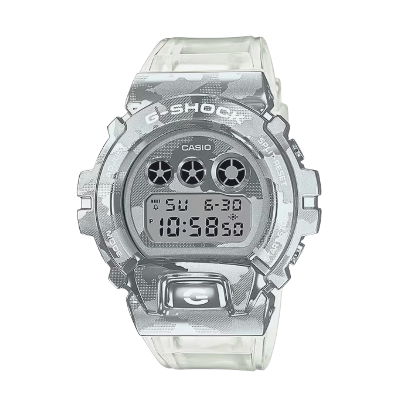 A digital CASIO G-SHOCK watch with a clear resin band and a silver-colored case featuring a digital display.