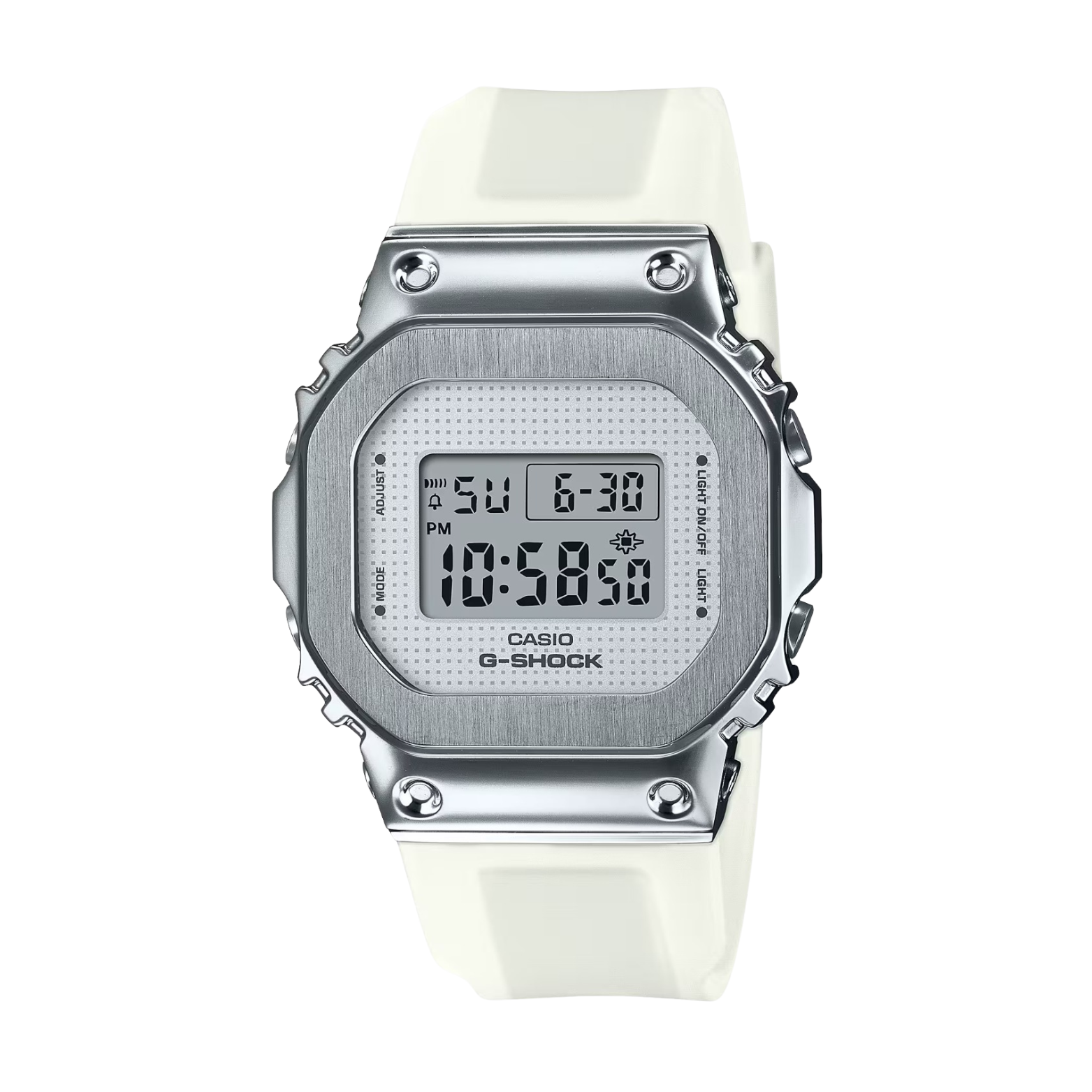 A CASIO G-SHOCK watch with a silver stainless steel case and a white resin band, displaying a digital face.