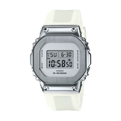 A CASIO G-SHOCK watch with a silver stainless steel case and a white resin band, displaying a digital face.