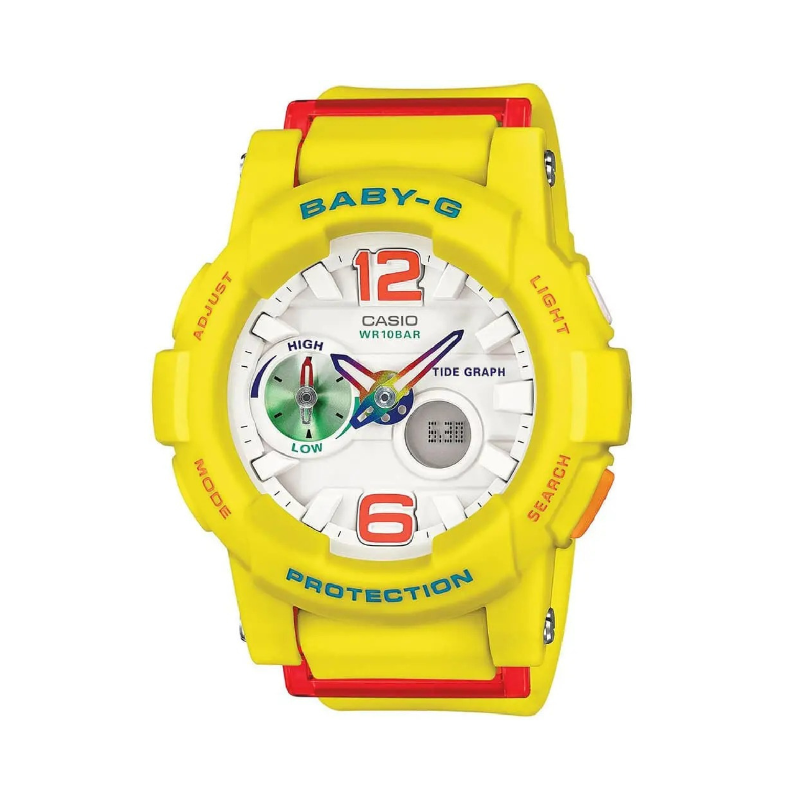 A Casio Baby-G G-Shock watch with a yellow band and casing, digital and analog display, and various features including tide graph and world time.