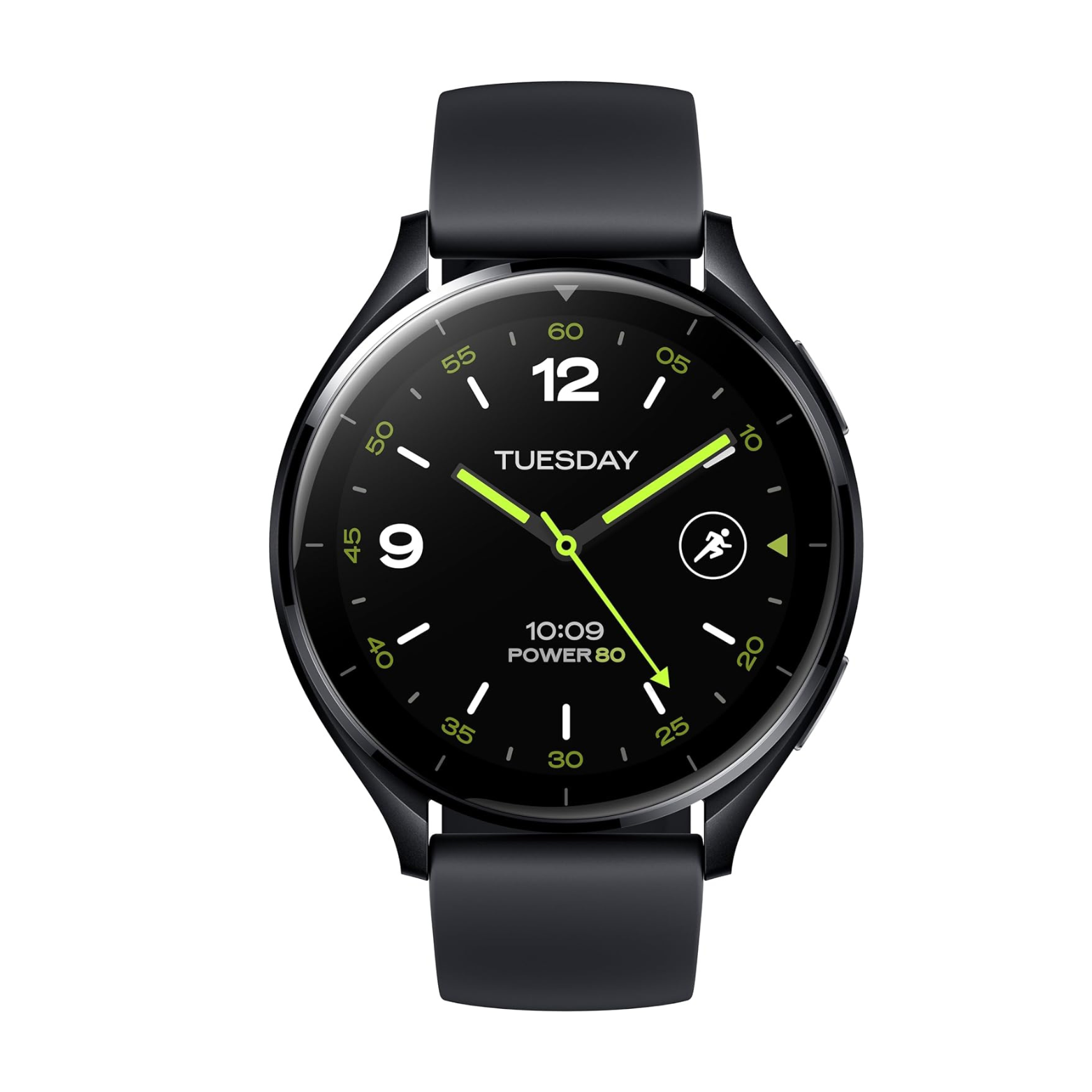 Black smartwatch with a black strap on a white background