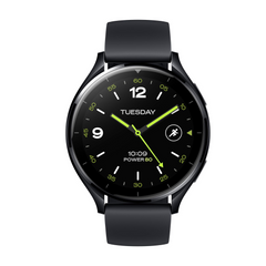 Black smartwatch with a black strap on a white background