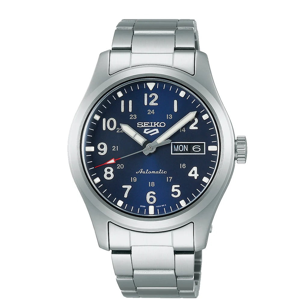A blue dial Seiko watch with a stainless steel bracelet and a logo at the 12 o'clock position.
