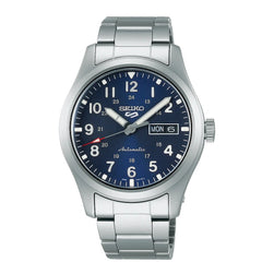 A blue dial Seiko watch with a stainless steel bracelet and a logo at the 12 o'clock position.
