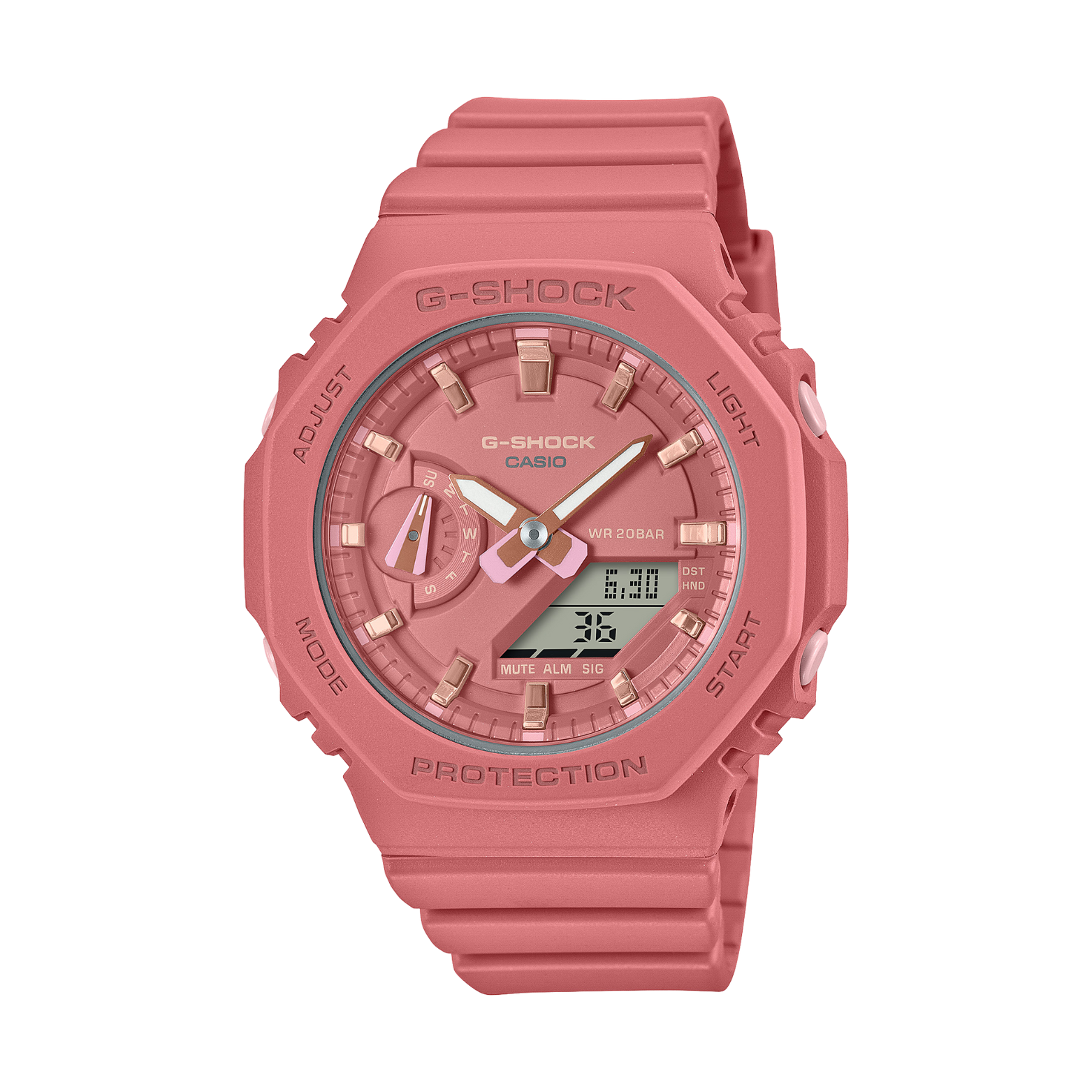 A pink CASIO G-SHOCK watch with an analog-digital display, world time feature, and a resin band.