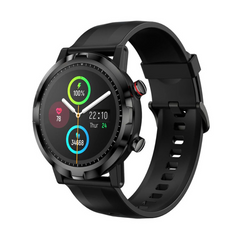 Black smartwatch with a detailed display on a white background