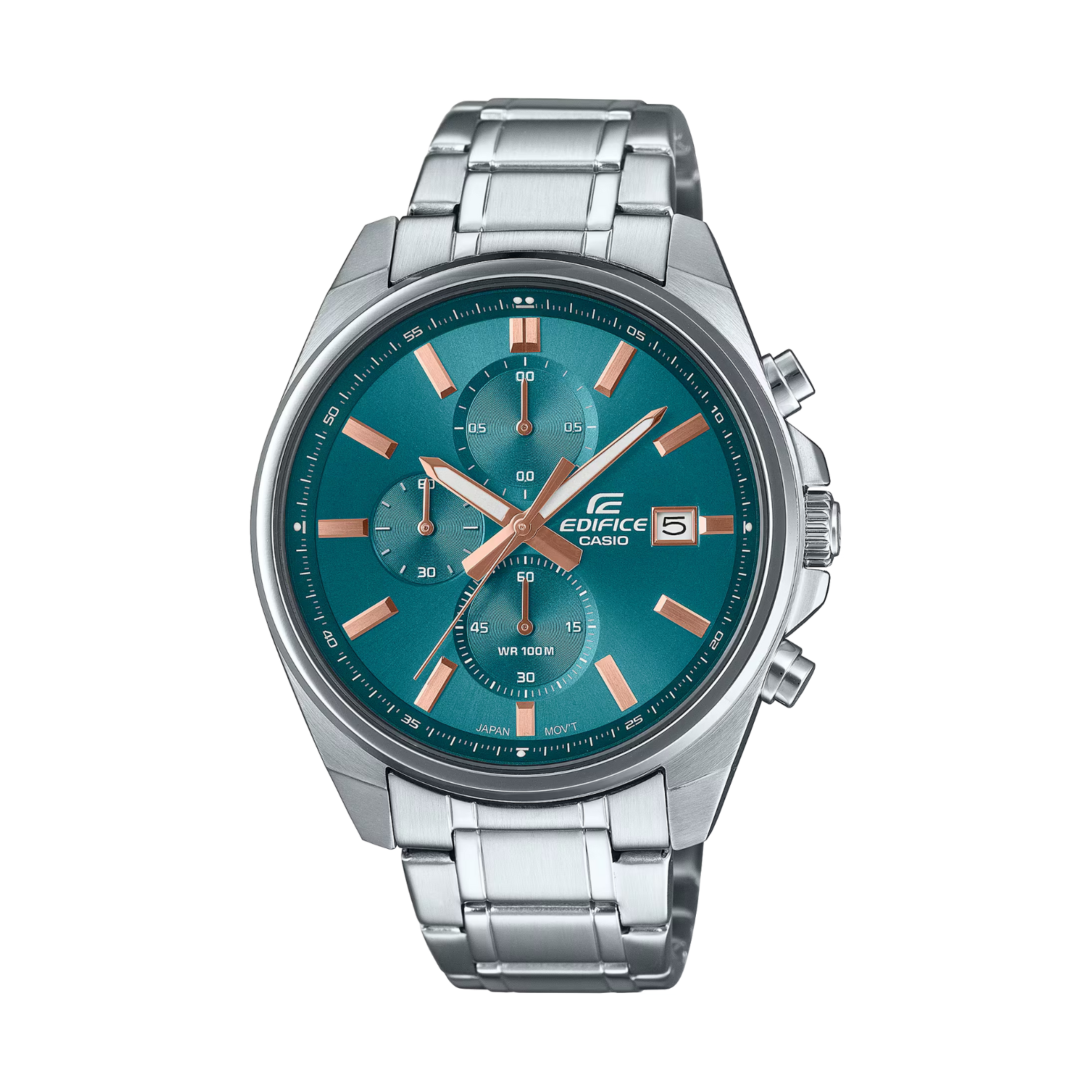Silver Casio watch with a blue face on a white background