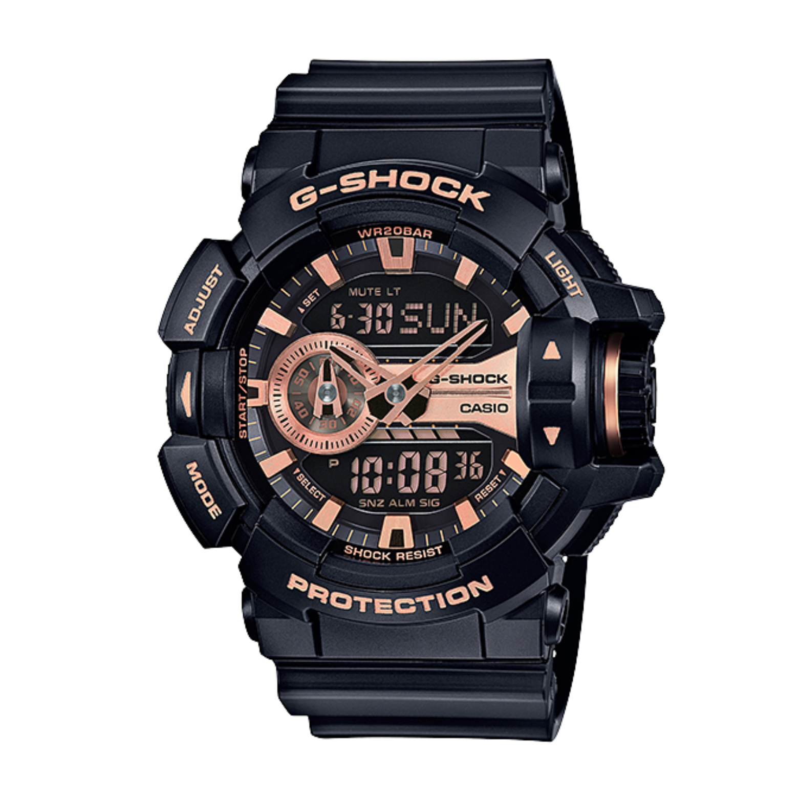 A black CASIO G-SHOCK watch with a digital display and resin band, showing time, date, and various watch features.
