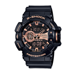 A black CASIO G-SHOCK watch with a digital display and resin band, showing time, date, and various watch features.