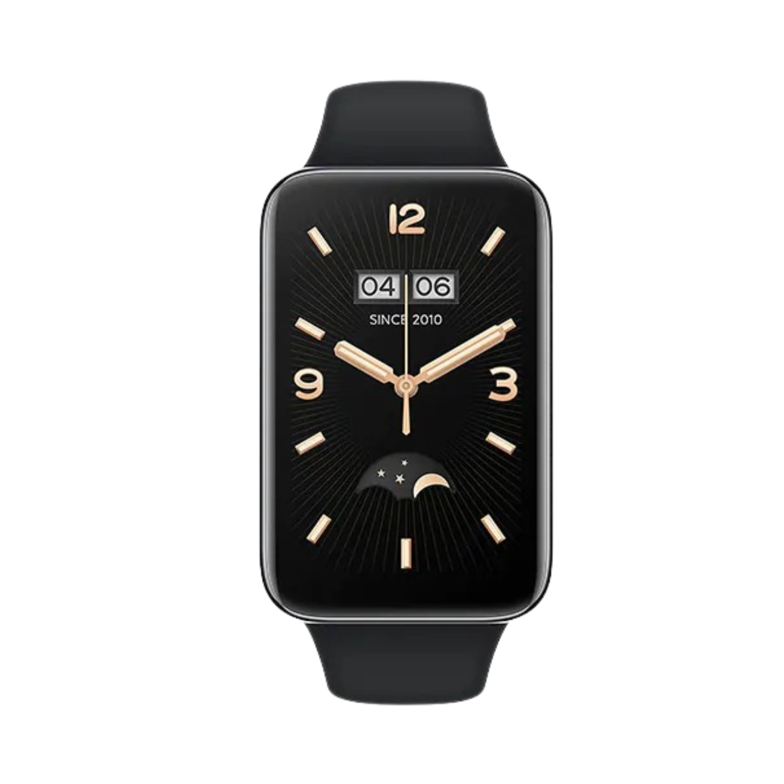 Xiaomi Smart Band 7 Pro with a black band and a digital display showing time, date, and various smart notifications on a black background.
