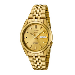 A gold-colored Seiko watch with a stainless steel bracelet and a gold dial, showing a day date at the 16th on the watch face.