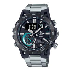 A Casio Edifice ECB-40DB-1ADF watch with a black ion-plated bezel, digital display, and stainless steel band.