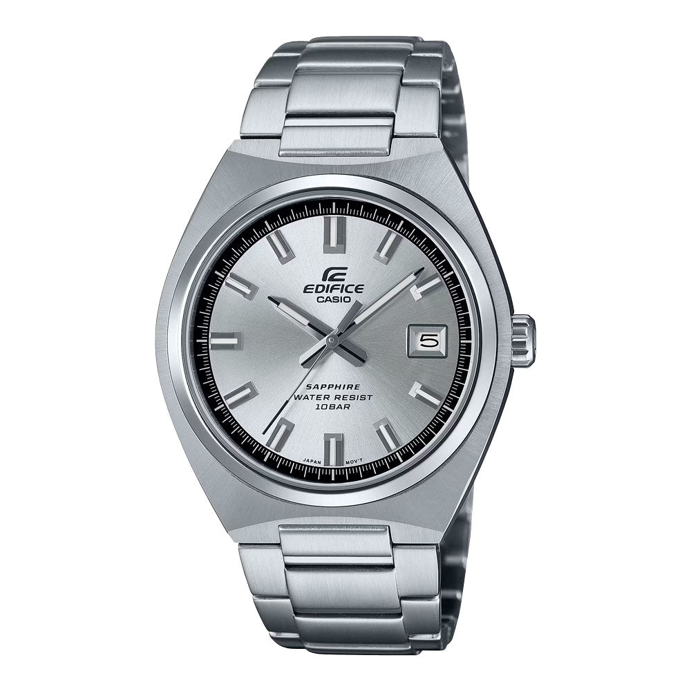 A silver Casio Edifice analog watch with a stainless steel band and a date display.