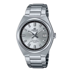 A silver Casio Edifice analog watch with a stainless steel band and a date display.