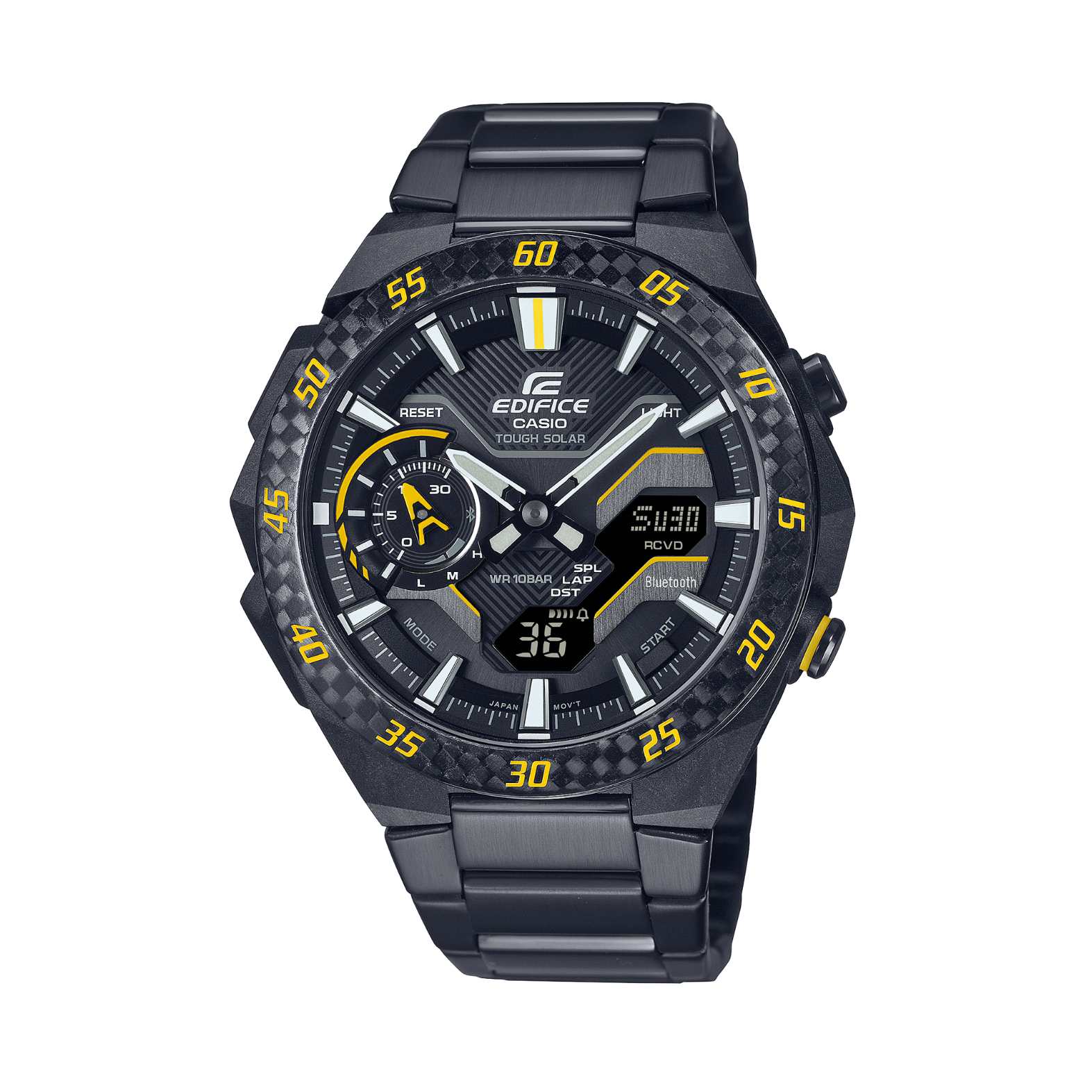 Black Casio Edifice watch with yellow accents on a white background