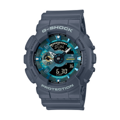 Gray Casio G-Shock watch with digital and analog display on a white background