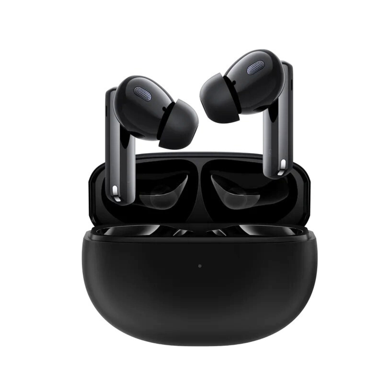 A pair of black Haylou W1 ANC wireless earbuds in their charging case.