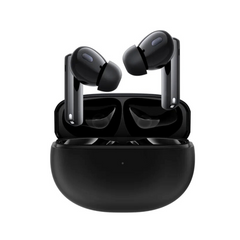 A pair of black Haylou W1 ANC wireless earbuds in their charging case.