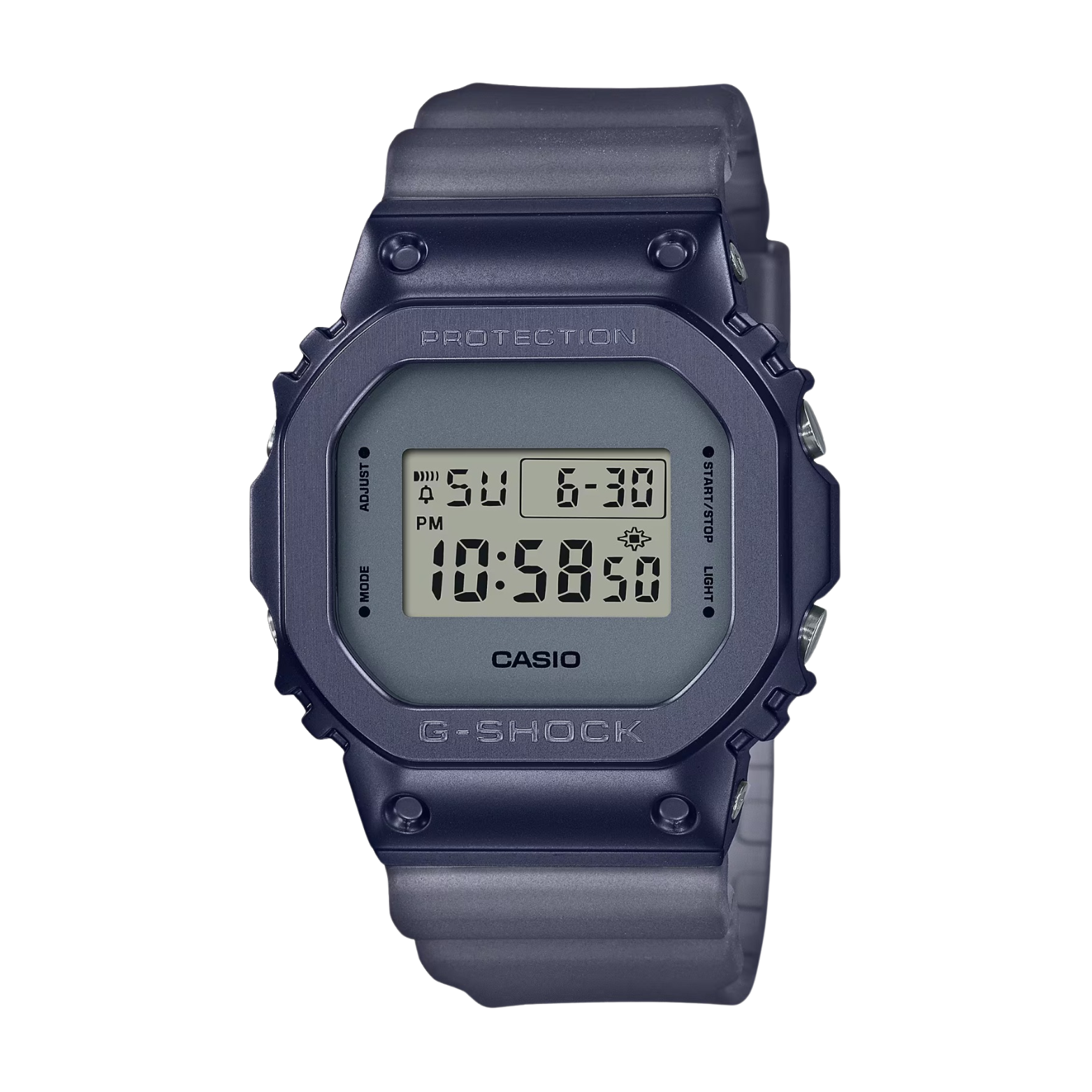 A digital CASIO G-SHOCK watch with a blue ion plated bezel, digital display showing time and date, and a gray resin band.
