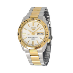 A Seiko watch with a white dial, two-tone stainless steel bracelet, and a fixed stainless steel bezel. The watch has a Seiko branding logo at the 12 o'clock position and minute markers around the outer rim.