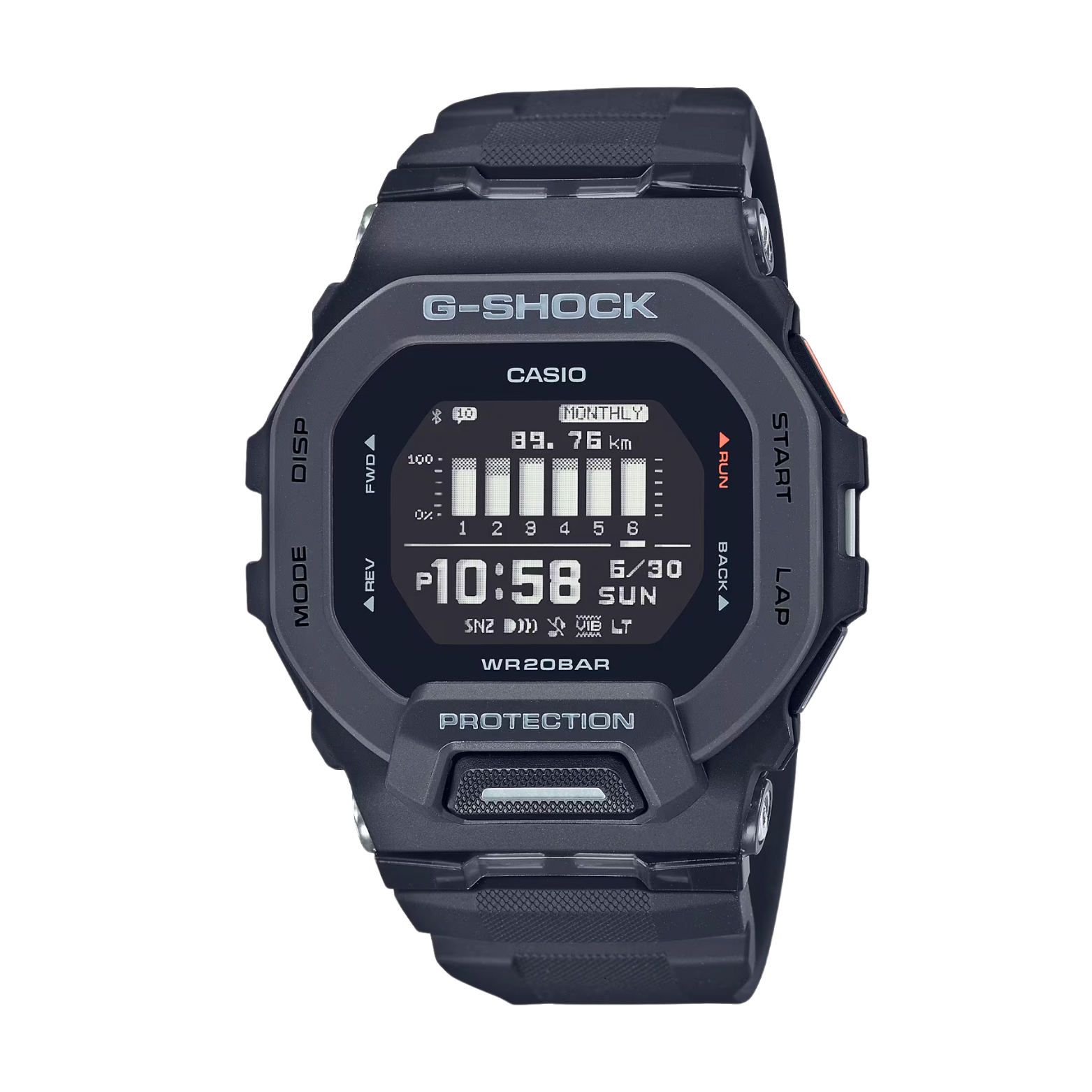 A black CASIO G-SHOCK GBD-200-1D digital watch with a resin band and a digital display showing time, date, and various features.