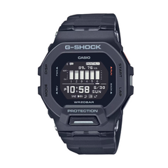 A black CASIO G-SHOCK GBD-200-1D digital watch with a resin band and a digital display showing time, date, and various features.