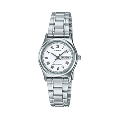 Silver Casio watch with a white dial on a white background